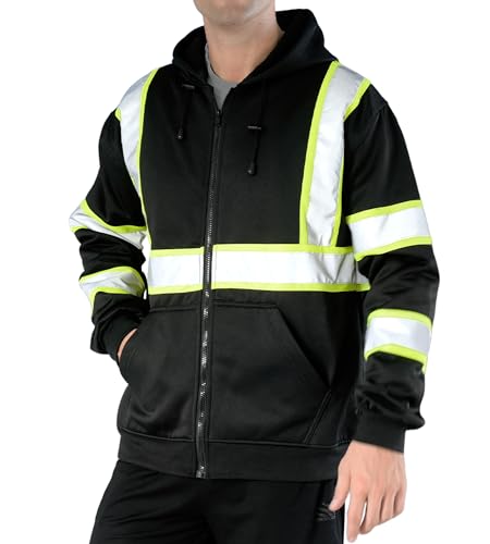 sesafety High Visibility Safety Sweatshirt for Men, Class 3 Reflective Zippered Hooded Sweatshirt, Hi-Vis Safety Hoodie with Black Bottom