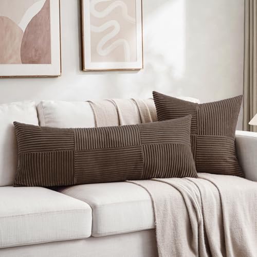Image of Fancy Homi 2 Packs Dark Brown Decorative Throw Pillow Covers 16x16 Inch for Living Room Couch Bed Sofa, Rustic Farmhouse Boho Home Decor, Soft Corss Patchwork Corduroy Textured Cushion Case 40x40 cm