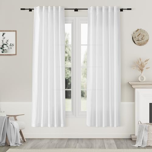 Image of Nanspring White Linen Curtains 70 Inches Long 2 Panels Set Back Tab Rod Pocket Light Filtering Semi Sheer Linen Textured Elegant Farmhouse Airy Privacy Drapes for Bedroom Children Living Room 52x70