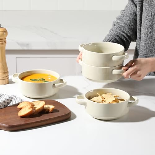 Image of Sweejar Ceramic Soup Bowls with Double Handles, 20 Oz Stacked Bowls for French Onion Soup, Cereal, Pot Pies, Stew, Chill, Pasta, Set of 4(Beige)