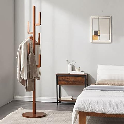 TinyTimes Wooden Coat Rack Free Standing, Cactus Shape, Sturdy Rustic Hall Tree Coat Tree Coat Hanger with 6 Hooks, for Coat, Hat, Clothes, Scarves, Handbags, Umbrella - Dark Brown Cover