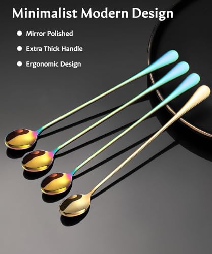 Image of Long Handle Iced Tea Spoons, 9 inch 18 /10 Stainless Steel Cocktail Stirring Spoons with Thickened Ergonomic Handle, Tall Coffee & Latte Stirrers, Dessert Spoon Set, Dishwasher Safe (9 IN)