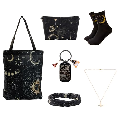 Wasise Witchy Gifts for Women - 6PCS Witch Themed Gift Set with Shoulder Bag Makeup Bag Necklace Keychain Headband and Socks Goth Gifts for Women Witch Jewelry Unique Gothic Gift for Friends