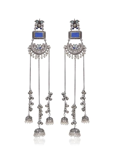 Image of Kashmiri Earrings for Women |Square Stone Fan Chain Earring | Ethnic Oxidised Silver Long Chain for Girls Bridal Festive |Gift for Girls Women