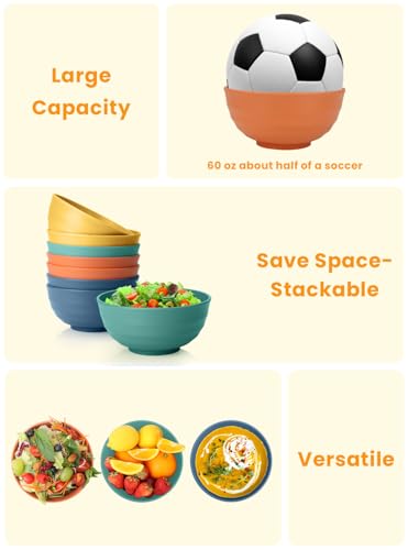 Homienly Large Bowls, 60 Oz Salad Bowls, Large Cereal Bowls, 8PCS Unbreakable Wheat Straw Serving Bowls for Pho, Popcorn, Soup & Oatmeal, Microwave & Dishwasher Safe for Kitchen, Camping (Multi)
