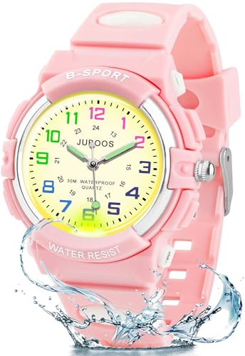 Juboos Neue 7-Farbige Kinderuhren, Kinderuhr Jungen Mädchen Analog Quartz Uhr mit Armbanduhr Kautschuk Wasserdicht Outdoor Sports Uhren 5-16 (Pink - weiß)