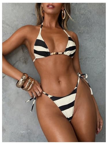 GORGLITTER Women's Micro Bikini Set High Cut Thong Halter Triangle Colorblock Striped Trendy 2025 Swimsuit Bathing Suit4