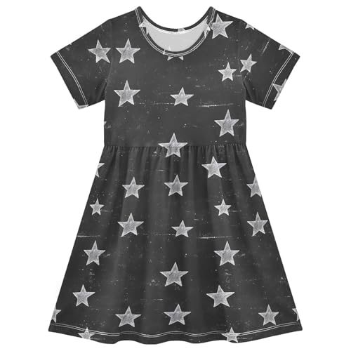 Stars Black Pattern Girls Dresses Sundress Kids Short Sleeve Casual A Line Dresses