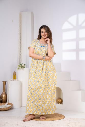 Image of DIAMO Pure Cotton Designer Nighty for Women | Night Gown | Nightdress | Maxi Nighty | Sleepwear | Jaipuri Nighty | Nighties | Cotton Night Gown for Women /Girls with Jaipuri Block Print