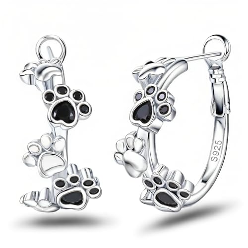 Black CZ Dog Earrings for Women Sterling Silver Big Paw Print Huggie Hoop Earrings Puppy Hoops Cat Pet Paw Hoops Earrings Cartilage Earrings Cute Animal Lovely Jewelry Gifts for Daughter Birthday