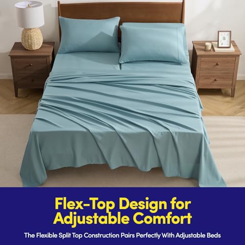 Image of Split Head King Sheets Set for Adjustable Beds 4 Piece Flex Top Bed Sheets - Deep Pocket Split Top Fitted Sheet with Built-in Corner Straps, Luxury Soft Cooling Bedding, Wrinkle Resistant, Misty Blue