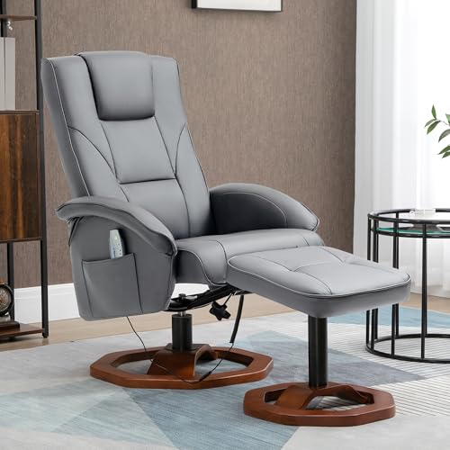 HOMCOM Relaxsessel Massagesessel mit Hocker Fernsehsessel mit Liegefunktion 360° drehbar mit Seitentasche Kunstleder 73 x 83 x 106cm Dunkelgrau – Bild 3