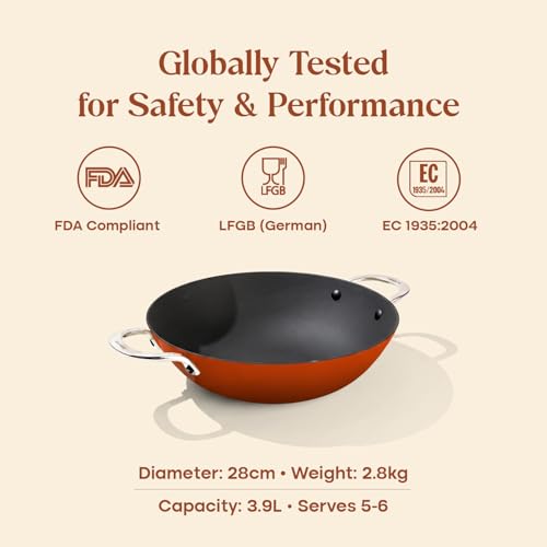Image of CUMIN CO. Enamel Cast Iron Kadai LITE with Lid | 2L, 24 cm |5 Years Warranty | Non Toxic Heavy Bottom Kadhai for Frying | Induction & Gas Compatible | Chemical Free Coating | Color: Rust