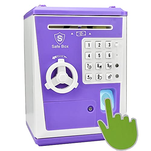 Image of Litpggy Kids Safe Bank with Fingerprint Password Talking ATM Piggy Bank for Real Money Toy Gift for 5-14 Years Old Boys Girls (Purple)