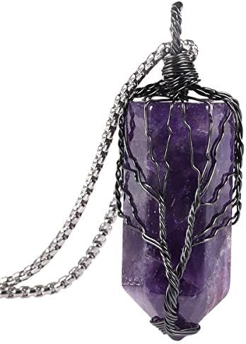 Nupuyai Handmade Tree of Life Hexagonal Crystal Point Amethyst Stone Pendant Necklace for Women Men