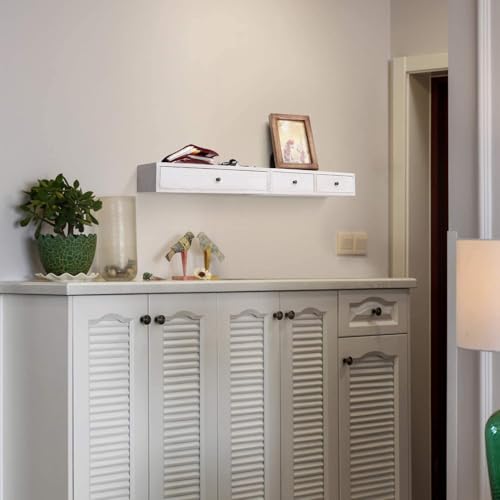 Image of Wood Floating Wall Mounted Drawers on a Floating Shelves with Drawers for Bedrooms, Living Rooms, and Displays Two Vintage Bedside Shelves (Pine) Wood (White)