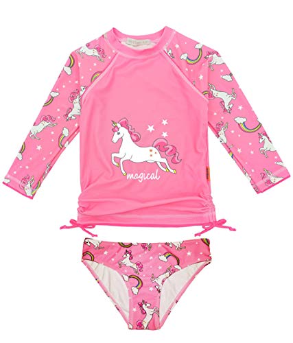 Girls Unicorn Rash Guard 2 Piece Toddler Pink Long Sleeve Swimsuit Set Rainbow Bathing Suit Sun Protection Bow-Knot 3/4T