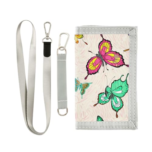Butterflies Colorful Beige Kids Wallet for Boys Girls Trifold Outdoor Sport Wallets for Youth Teen Child Wallet with Zippered Coin Pockets Card Holders Front Pocket Wallets with Magic Sticker