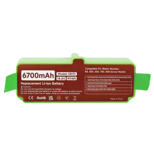 14,8V/6700mAh Replacement Battery for IRobot Roomba 500 600 700 800 Series - Li-Ion Battery Compatible Roomba R3 510 530 532 540 550 560 570 580 585 595 620 630 650 660 671 698 760 770 780 790 870 880