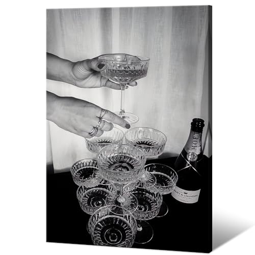 Vintage Champagne Glasses Posters Black and White Wall Art Trendy Wine Decor Funky Bar Cart Canvas Prints Unique Photography Aesthetic for Pub Kitchen Dining Living Room Home Decor 12x16in Framed