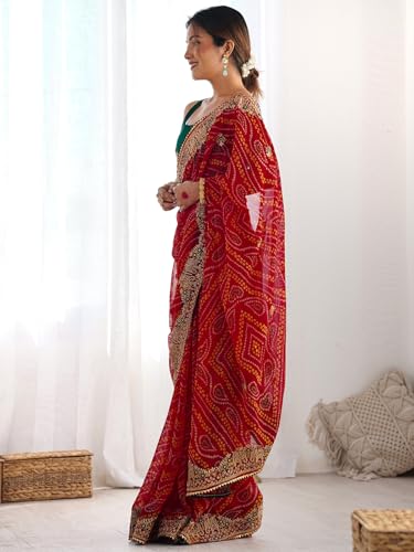 Image of Satrani Women's Georgette Bandhani Printed Embroidered gota lace Saree with Unstitched Blouse Piece