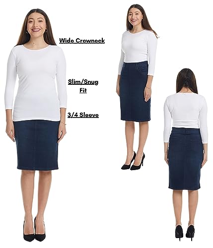 Image of ESTEEZ Women's 3 /4 Sleeve Wide Neck Layering T-Shirt - Modest Cotton Stretch Fitted Base Layer Top