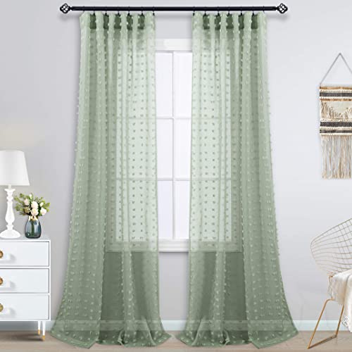 Image of KOUFALL 2 Panels Boho Curtains 84 Inches Long for Living Room Bedroom Sage Green Decor Pom Pom Design Sheer Pattern Window Treatments Curtain with Back Tab Rod Pocket,52x84 in Length