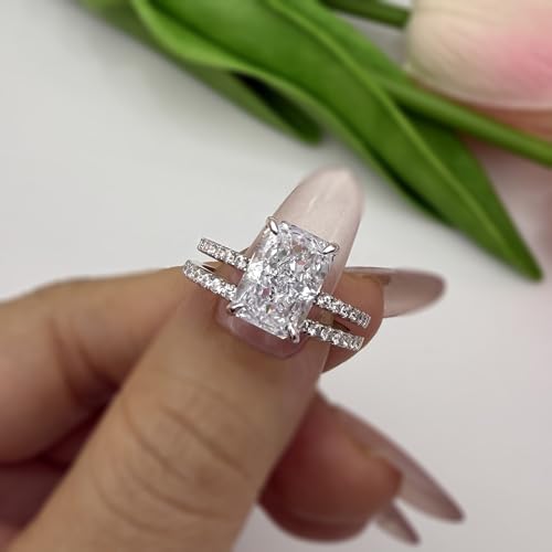 Radiant Cut Wedding Ring Set for Women, 3.5 Carat Platinum S925 Engagement Ring White Cubic Zirconia ,Sterling Silver Bridal Set, Women's Wedding Bands,Matching Wedding Rings for Her, Elegant Engagement Ring Set for women2
