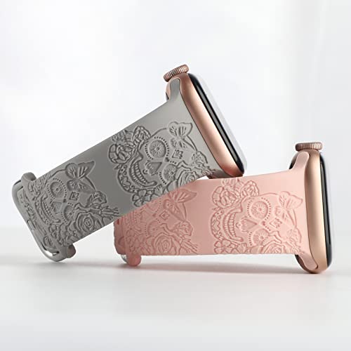 Skull Engraved Design Sport Bands Compatible with Apple Watch iWatch Bands 40mm 38mm 41mm, Flower Pattern Laser Printed Soft Silicone Strap for iWatch Series 10-1 & SE (Skull Black, 38/40/41/42MM - Image 4