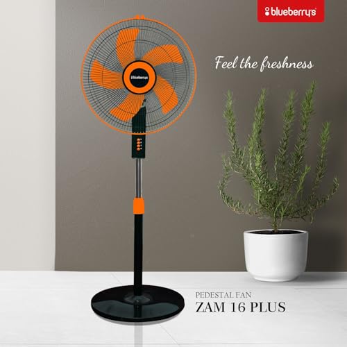 Image of Blueberry's 5 Blade Pedestal Fan High Speed for Home | 3 Adjustable Fan Speeds | 1300 RPM Motor | 2 Year Warranty -Orange