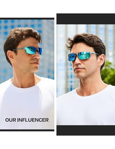 Image of Bircen Polarized Mens Sunglasses: UV Protection Black Blue Shades for Men Sport Driving with Al-Mg Metal Frame