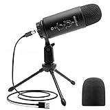 Wincret Micrófono pc, Micrófono Condensador con Soporte Tripode, Micrófono USB con Conector de 3.5 mm, Microfono para Juegos/Gaming, Grabación/Podcast/Streaming/Youtube, Negro