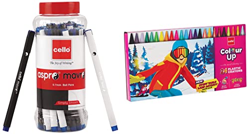 Image of Cello Aspro Mavro Ball Pen (25 Pens Jar - Blue) ColourUp Plastic Crayons - Pack of 24 bright shades