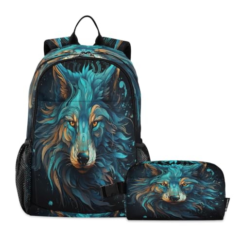Sac à dos loup en colère bleu abstrait au design unique avec sac à lunch assorti