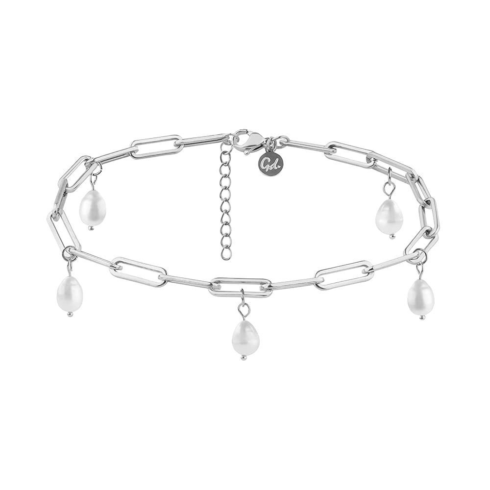 GD GOOD.designs Fußkettchen mit Perlen - Wasserfest - Echte Süßwasserperlen Fußkette für Damen I Edelstahl Glieder in 18 Karat Gold oder Silber I Größenverstellbar