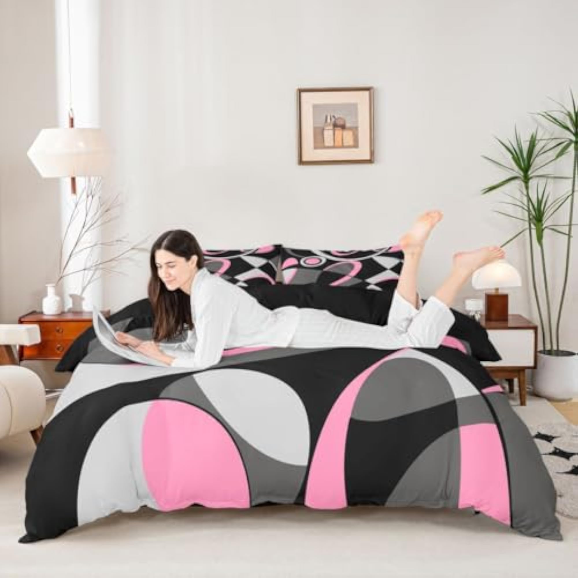 Pink Grey and Black Comforter Cover Bedding Set, Modern Abstract Art