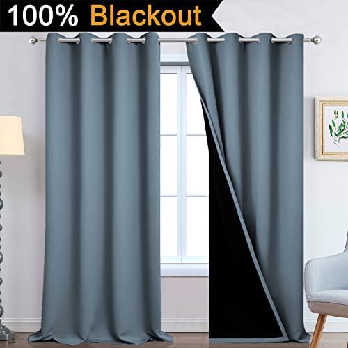 Image of Yakamok 100% Blackout Lined Panels, Room Darkening Thermal Insulated Blackout Curtains for Bedroom, Heat Blocking Drapes for Living Room(52Wx108L, Stone Blue, 2 Panels)