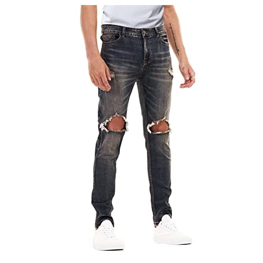 Calça jeans masculina slim fit stretch perna afunilada para homens jeans skinny rasgado designer, Joelho rasgado azul retrô, 31