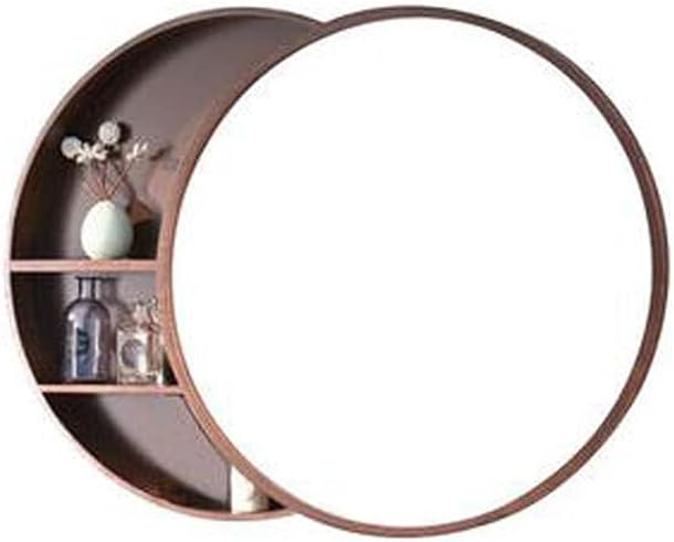 Makeup Mirror Bathroom Mirror Cabinet Solid Wood Bathroom Mirror with Shelf Vanity Round Bathroom Mirror Wall Hanging(Size:70cm Color:Walnut)