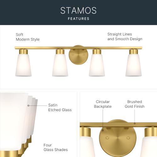 Image of Kichler Stamos 31.25 inch 4-Light Soft Modern Vanity Light with Satin Etched Glass in Brushed Gold, (8.25 inch H x 31.2 5 inch W), 55122BG