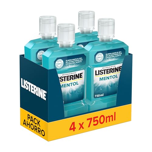 Listerine Mentol Enjuague bucal con flúor, colutorio encías con 24 horas de protección, elixir bucal mentolado para un aliento fresco duradero, pack de 4 x 750 ml
