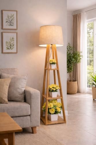 Image of Floor Lamp with Wooden Shelf, Tripod Stand, Linen Shade, Living Room Standing Light
