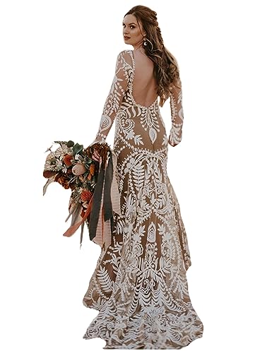 Women's Western Wedding Dress with Train 2 Pieces Long Sleeves Floral Lace Sheath Country Bridal Gown for Bride