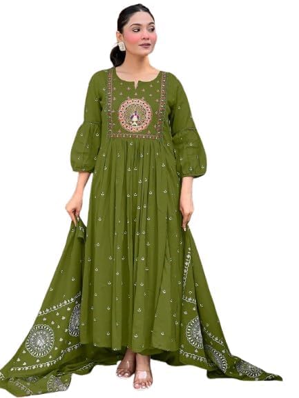 Women's Embroidered Anarkali Kurta Pant Set with Dupatta | Traditional Ethnic Festive Party Wedding Outfit (OLIVE)-picture-22