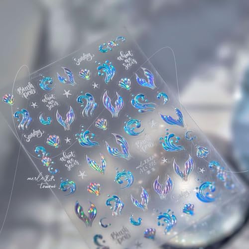 Image of Waves Nail Stickers Blue Nail Decals with Fish Tails Design 5D Embossed Summer Shells Nail Art Stickers Self Adhesive for Women DIY Decoration Accessories