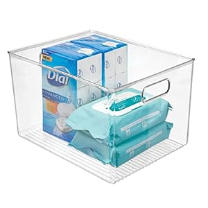 mDesign Large Modern Stackable Plastic Storage Organizer Bin Basket with Handles for Bathroom Vanity Organization – Shelf, Cubby, Cabinet, or Closet Organizing Decor, Ligne Collection – Clear