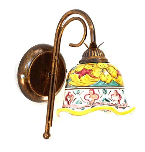 Applique a 1 luce in ferro battuto e ceramica siciliana realizzato artigianalmente dai maestri di santo stefano di camastra coll. giulia