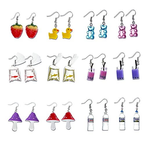 BOWINR 12 Pairs Weird Earrings Funny Goldfish Earrings Cute Earrings Goldfish Resin Water Bottle Gummy Bear Earrings Milk Tea Dangle Earrings Earrings Strawberry Jewelry Gift for Women Teens Girls