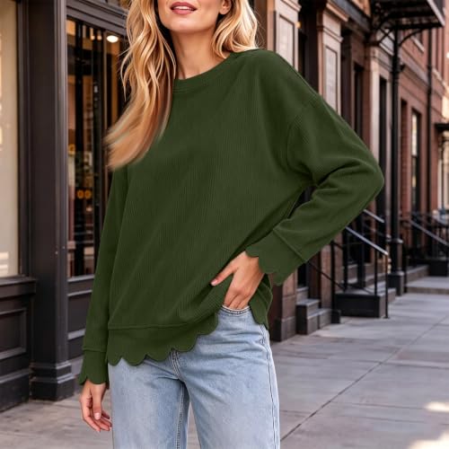 Womens Crew Neck Sweatshirt Fall Corduroy Pullover Scalloped Sweatshirt - image 2