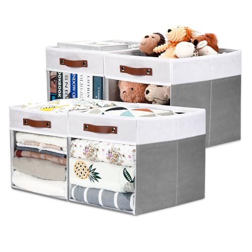 HNZIGE Cubos de almacenamiento de tela, paquete de 4 cubos de almacenamiento plegables de 13 x 15 x 13 pulgadas, para organizar estantes, armarios, despensas, color blanco, gris